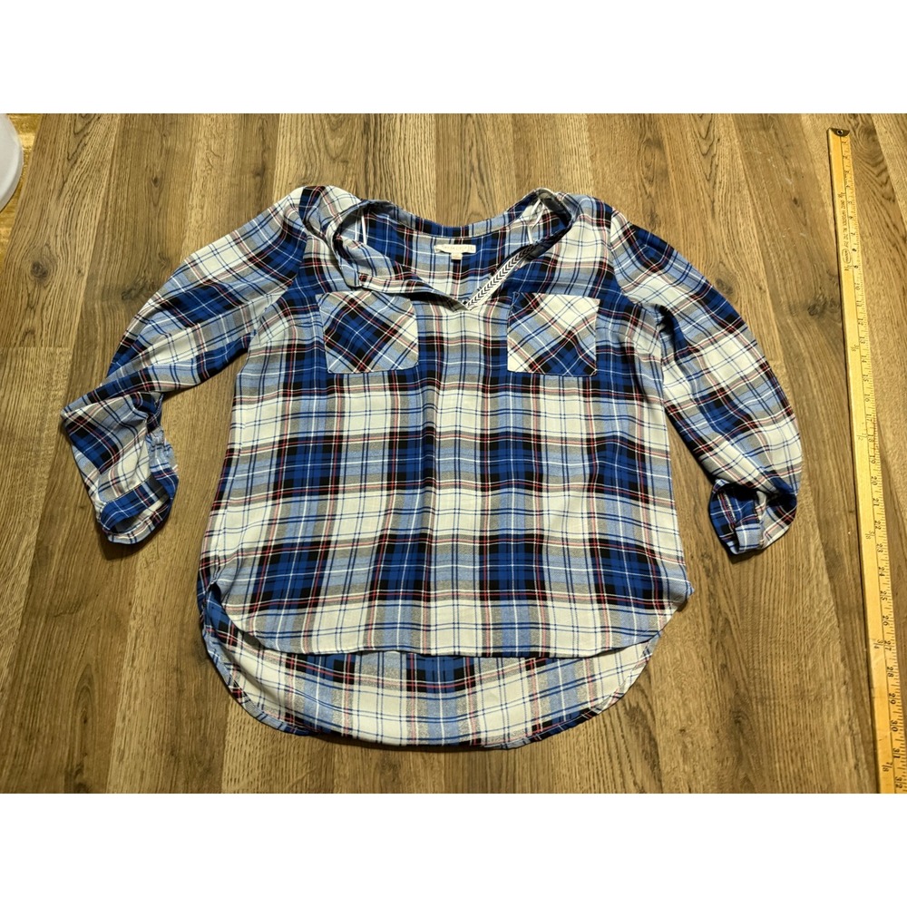 Skies Are Blue Shirts Women Size SP Blue Plaid Top Split Neck Chest Pockets